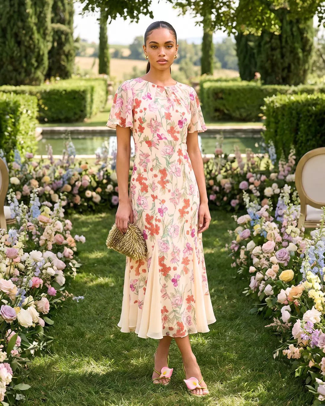 Woman in a peach floral midi dress standing in a garden aisle lined with flowers.