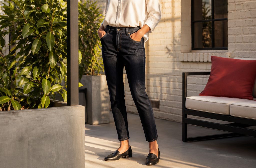 A pair of dark jeans styled with a blazer and dress shoes.
