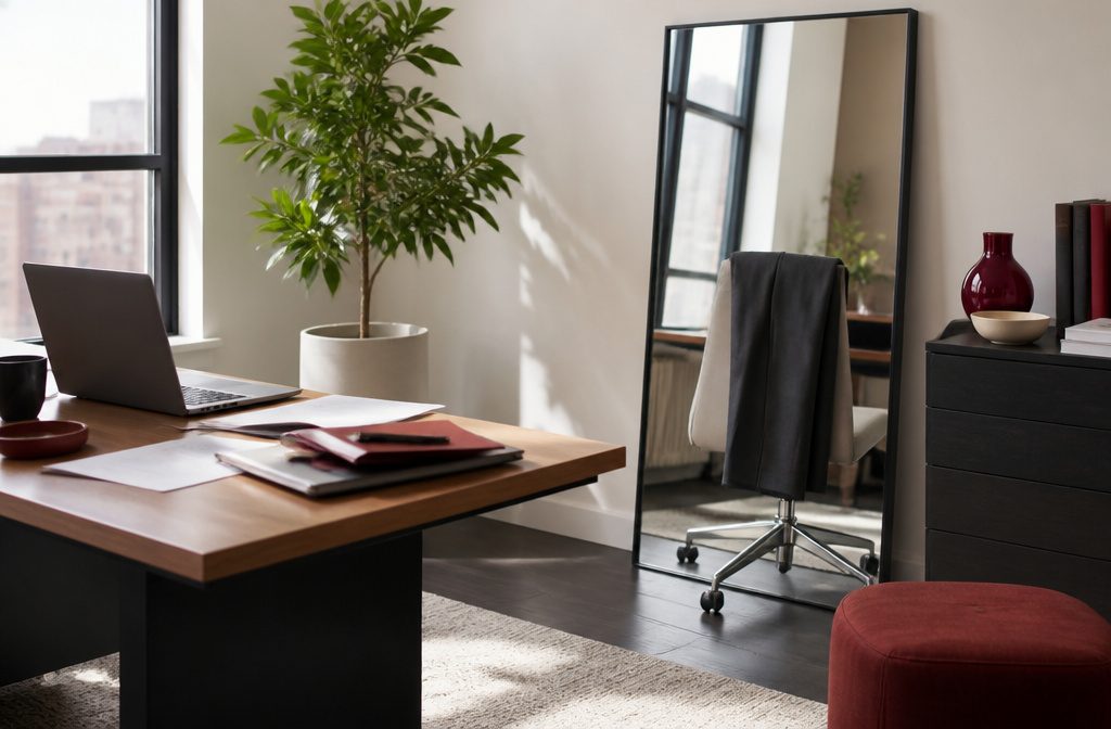 Modern office space with a wooden desk and an open laptop