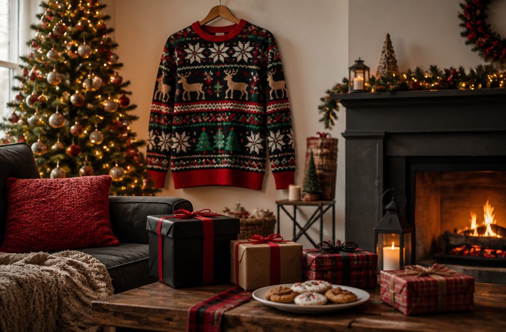 A cozy living room decorated for Christmas with a brightly lit tree.