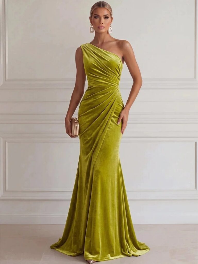 Woman in a floor-length olive green velvet one-shoulder dress posing against a white wall.