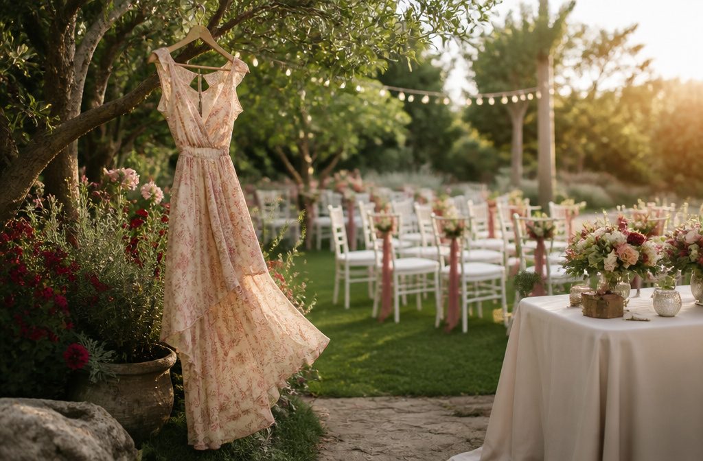 An outdoor garden wedding scene with white chairs and floral decorations