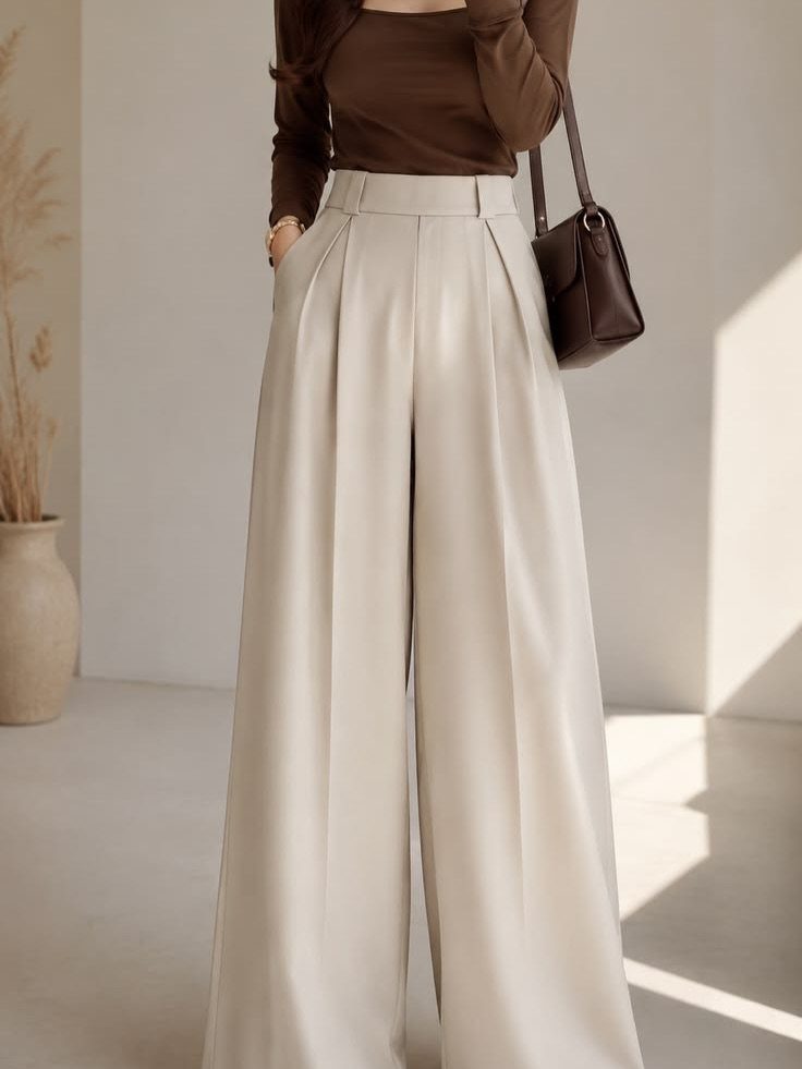 Person wearing a brown top and cream wide-leg pleated trousers with a dark handbag.
